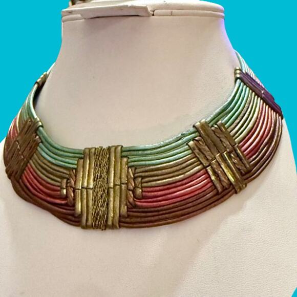 Vintage Alexis Kirk 70s Brass Leather Tribal Jewelry Set - Picture 5 of 12